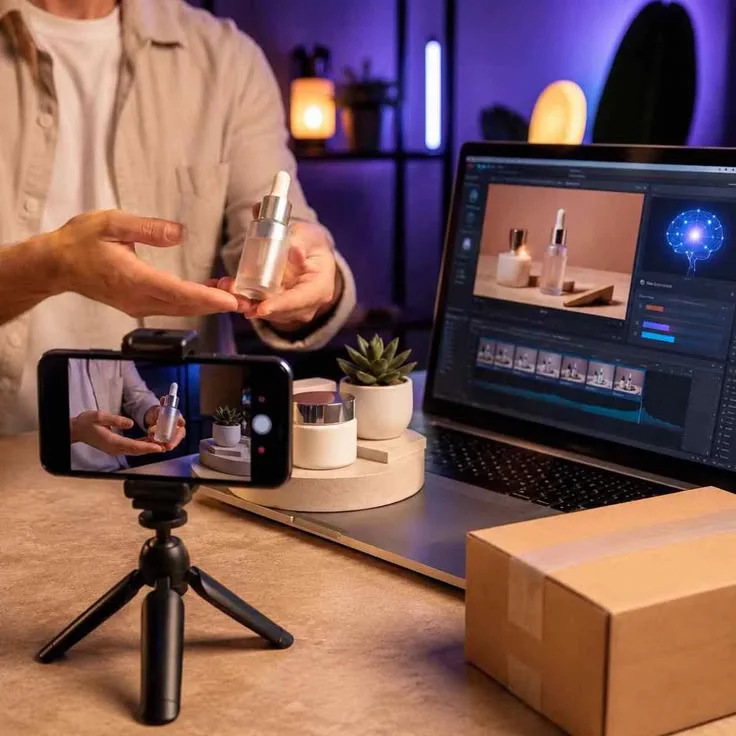 Filming a skincare product on a phone tripod, with the edit open on a laptop